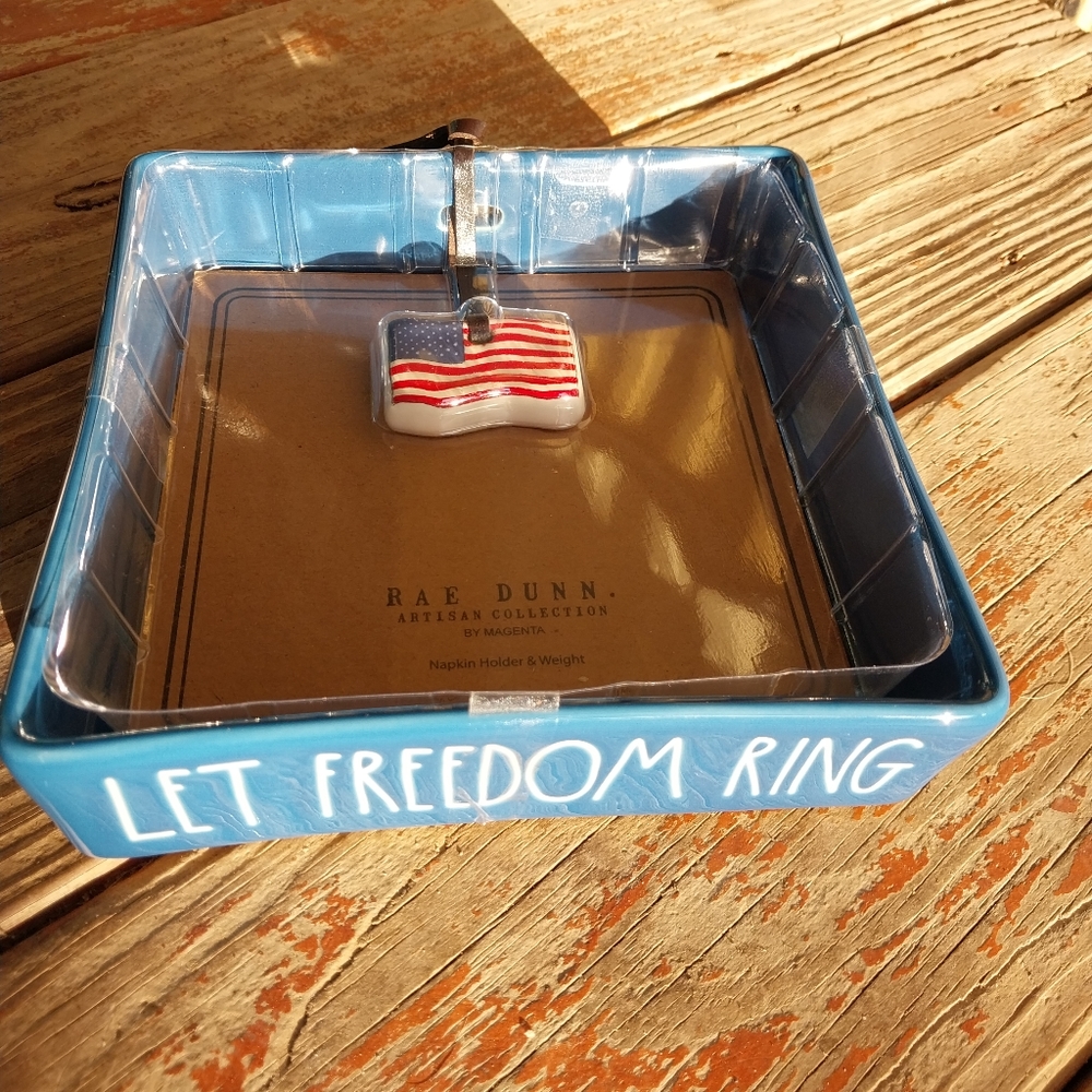 Rae Dunn ceramic "Let Freedom Ring" napkin holder.